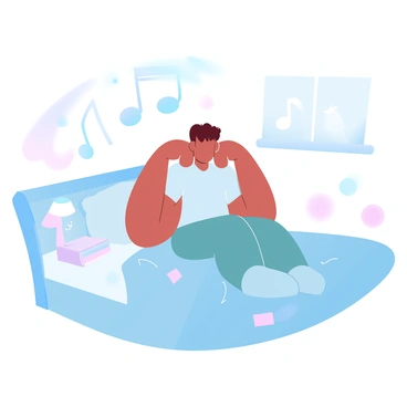 A person sitting on a bed is covering their ears with a soft pillow. The person has short hair and is wearing casual clothing. Surrounding them are scattered items such as books and a small lamp on a nightstand. A set of visible musical notes is floating in the air, indicating loud music is playing from the apartment next door. The room is decorated with pastel-colored walls and light bedding to create a cozy atmosphere.