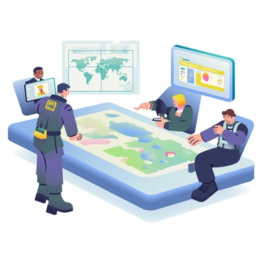 A group of four Overwatch agents is gathered around a large, oval conference table in a high-tech command room. The table is illuminated from underneath, casting a blue glow. A holographic display projects a detailed map of the mission area in the center of the table. One agent, a tall man with dark hair wearing a tactical suit, is pointing at the map while discussing the plan. Another agent, a woman with short blonde hair in a sleek uniform, is taking notes on a digital tablet. To the side, a third agent, a man with a mechanical arm, is monitoring a series of screens showing surveillance footage. The fourth agent, a woman with a tactical headset, is adjusting her gear while listening attentively. The walls are adorned with digital screens displaying data and mission objectives, and the overall atmosphere is focused and determined.