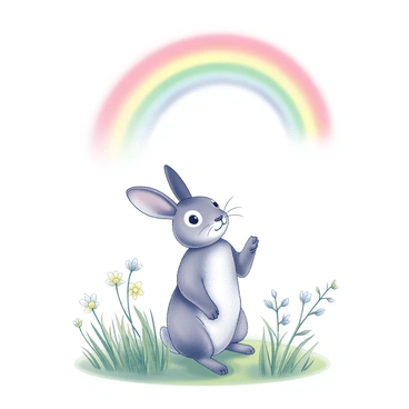 A hare is standing on its hind legs, looking up at a vibrant rainbow that arcs across the sky. The landscape is lush with greenery, featuring freshly sprouted grass and blooming flowers from the recent spring shower. Raindrops glisten on the grass blades, reflecting light as the sun breaks through the clouds. The hare has large ears perked up and a curious expression on its face, captivated by the colorful display above.