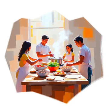 A warm kitchen filled with the aroma of spices and fresh ingredients. A family is gathered around a wooden table, working together to prepare traditional Hispanic dishes. There is a mother with dark hair, chopping onions and peppers. A father is stirring a pot on the stove, while a young girl rolls out dough for tortillas on the countertop. On the table, colorful bowls filled with ingredients like beans, tomatoes, and herbs are arranged neatly. Sunlight streams through the window, illuminating the joyful atmosphere as the family collaborates in their cooking.
