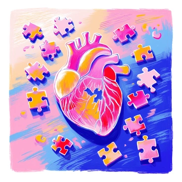 A puzzle on a wooden table has scattered pieces around it, with some pieces forming the image of a "human heart." The heart is depicted in shades of red and pink, with intricate details showing arteries and veins. Several puzzle pieces are still missing, leaving gaps in the heart's formation. The table has a soft, warm light reflecting off its surface, adding depth to the scene. Some pieces are upside down or turned at angles, while a few lie closely together, suggesting that they might fit next to each other.