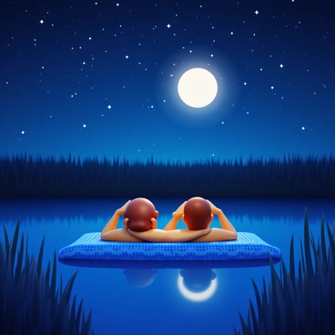 A couple lying on a patterned blanket in a delta at night. The couple has their arms behind their heads, looking up. They are surrounded by tall grasses and the calm water of the delta reflecting the stars. The night sky is filled with a multitude of bright stars, and a large, luminous full moon casts soft light over the scene. The couple appears relaxed and connected, immersed in the beauty of the star-filled sky above them.