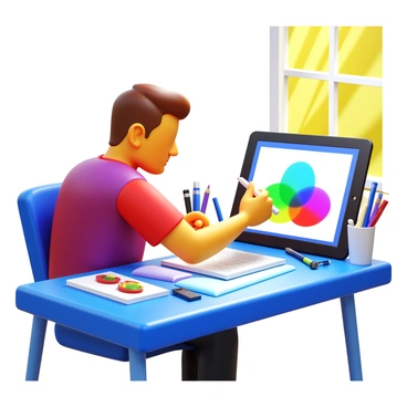 An artist focused on a digital illustration app, holding a stylus in one hand. The artist is sitting at a modern desk with a tablet displaying a colorful drawing in progress. The workspace is organized with art supplies scattered around, including pens and sketchbooks. The screen of the tablet shows a partially completed digital artwork, with various layers visible. Sunlight streams through a nearby window, illuminating the artist's concentrated expression as they work on their daily drawing challenge.