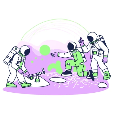 A group of astronauts in space suits is exploring the surface of a lung-like landscape that resembles a new planet. The ground is textured with intricate details resembling lung tissue, featuring a series of branching structures. The astronauts are positioned at various points, with one astronaut kneeling to examine the surface closely while another stands upright, pointing towards a distant area. Above them, a soft light illuminates the scene, casting gentle shadows. In the background, the horizon curves, creating an otherworldly atmosphere. The astronauts are equipped with tools and devices, indicating their mission to study the environment.