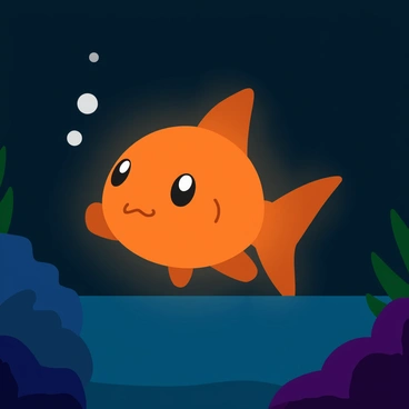 A Magikarp with vibrant orange scales is swimming through a dark underwater scene. The body of the Magikarp glows softly, illuminating the surrounding water with a gentle light. Tiny bubbles rise around it, catching the glow as they float to the surface. The background features dark shadows of underwater plants and rocks, enhancing the contrast of the glowing Magikarp. The water shimmers lightly, reflecting the soft light emitted by the fish.