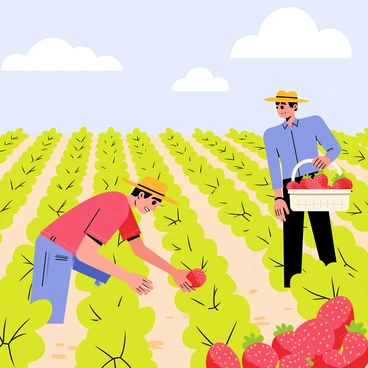 A vast strawberry field spread across the canvas, featuring rows of vibrant red strawberries nestled amongst lush green leaves. The sky above is a clear blue, with a few fluffy white clouds scattered throughout. In the foreground, two farmers are actively picking strawberries; one farmer wears a red shirt and wide-brimmed hat, crouching down to collect ripe strawberries, while the other, in a blue shirt, stands upright with a basket filled with picked strawberries. The scene captures the essence of a sunny day in the countryside, emphasizing the abundance of the harvest.