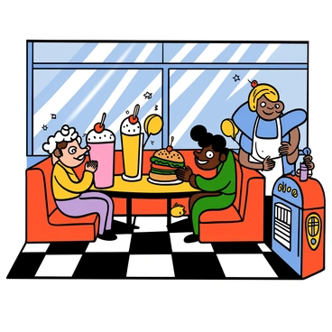 A lively cartoon diner filled with colorful decor and a bright checkered floor. Several characters are seated at the red vinyl booths, enjoying large milkshakes topped with whipped cream and cherries. A character with light skin and big eyes is happily sipping from a pink milkshake, while another character with dark skin and big eyes bites into a juicy hamburger stacked with lettuce and tomato. The scene includes a smiling waitress with an apron, serving food at a table, and a jukebox playing music in the corner. Sunlight streams through the large windows, creating a cheerful atmosphere.