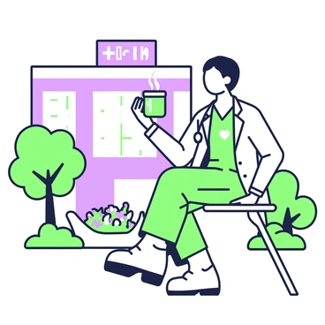 A nurse with a short haircut is sitting on a bench outside a hospital. She is wearing green scrubs and a white lab coat. In her hands, she holds a steaming cup of coffee, raised slightly as if savoring the moment. The nurse is gazing off into the distance, with a relaxed expression. Behind her, the hospital building is visible, featuring large windows. Surrounding the area are several green trees and a small flowerbed with vibrant flowers.