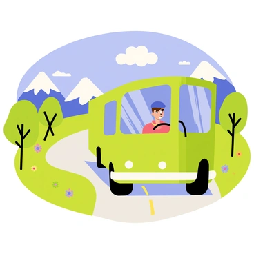 A bus driver with short brown hair wearing a blue cap is sitting at the wheel of a green bus. The bus is moving along a winding road surrounded by lush green fields dotted with colorful wildflowers. In the background, large mountains with snow-capped peaks rise under a bright blue sky. Fluffy white clouds drift lazily overhead. The driver looks focused as he navigates the route, with trees lining the edges of the road creating a picturesque rural scene.