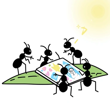 A group of five ants, each with a shiny black body and distinct antennae, gathered around a tiny open book. The book, resting on a leaf, displays colorful illustrations of the four seasons: spring with blooming flowers, summer with a bright sun, autumn with falling leaves, and winter with snowflakes. The ants are standing on their hind legs, intently looking at the pages. One ant is pointing at an illustration of a snowman, while another has its front legs raised as if asking a question. The setting is a vibrant green garden, with soft sunlight filtering through the leaves above.