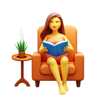 A pregnant woman sitting comfortably in a cozy armchair. She has long hair flowing gently over her shoulders and is wearing a soft, loose-fitting dress. In her hands, she holds an open book, absorbed in the pages. Her expression is peaceful and content, reflecting her enjoyment of the moment. The chair is upholstered in a warm fabric, and a small side table nearby holds a steaming cup of tea and a potted plant.