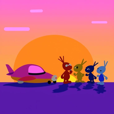 A group of Pikmin with various colors, including red, blue, and yellow, stands together silhouetted against a vibrant sunset. The sky features shades of orange, pink, and purple, creating a striking backdrop. The Pikmin are positioned near a small, whimsical spaceship, which has a sleek design and bright accents. Soft shadows stretch away from the characters towards the ground, emphasizing the contrast between the dark figures and the colorful sky. Some Pikmin are holding tiny objects, while others appear to be communicating with each other before embarking on their adventure.