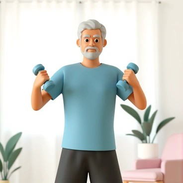 An elderly person, a man with gray hair and wearing a blue short-sleeve shirt and black shorts. He is standing in a brightly lit living room, lifting small dumbbells in each hand. The room has a few plants in the background and a cozy sofa nearby. The man has a focused expression on his face, showing determination and vitality as he works on his fitness.