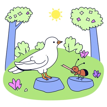 A white colombe with soft feathers stands on a moss-covered rock. Next to it is a small brown ant, holding a tiny makeshift flute made from a twig. The colombe has its wings slightly spread, creating an elegant silhouette against the backdrop of leafy trees. Sunlight filters through the branches, casting gentle shadows on the forest floor. The surrounding lush greenery is interspersed with small wildflowers, adding color to the scene. The colombe looks toward the ant as if in harmony, creating a moment of musical connection in the serene glade.