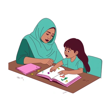 A teal woman named Kartini, dressed in traditional attire, is sitting at a wooden table. She is leaning slightly forward, attentively observing a young girl who is sitting across from her. The young girl has a curious expression and is holding a colorful book open in front of her. On the table, there are various writing tools including a pink notepad and a yellow pencil. Kartini is pointing at a letter in the book, demonstrating how to read it. The background features soft shadows, enhancing the warm interaction between the two figures.