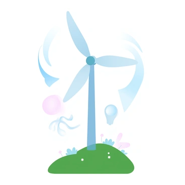 A wind turbine on a hill with arrows showing wind flow and its function for energy generation