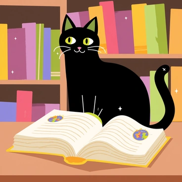 A black cat with bright green eyes is sitting on a wooden table, its head tilted slightly and ears perked up in curiosity. The cat's sleek fur glistens in the light. In front of the cat, a large, ancient-looking book is open and its pages are turning on their own. The book has ornate gold detailing on the cover and the pages are filled with vibrant illustrations and mystical symbols. Soft, glowing sparkles are emanating from the book, adding to the magical atmosphere. The background features hints of a cozy library with tall bookshelves filled with various colorful books.