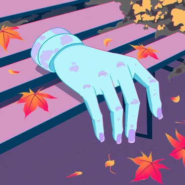 A decaying zombie hand with pale, mottled skin is resting on a wooden park bench. The fingers are curled slightly, with visible veins and remnants of dirt under the nails. Surrounding the bench are scattered autumn leaves in various hues of orange, red, and yellow, some clinging to the bench while others lie on the ground. The scene captures a quiet moment in an otherwise vibrant park, with the leaves creating a contrast against the eerie hand.