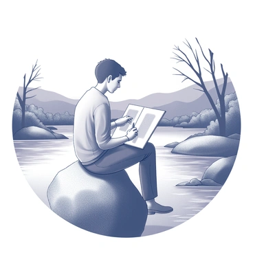 An artist is sitting on a large rock by the river. The artist is sketching in an open sketchbook, which rests on their lap. The scene includes a flowing river with gentle ripples reflecting the surrounding landscape. Trees line the riverbank, with branches extending over the water. In the background, there are rolling hills that provide depth to the landscape. The artist is focused on capturing the details of the nature surrounding them, with one hand holding the sketchbook and the other gripping a pencil poised above the page.