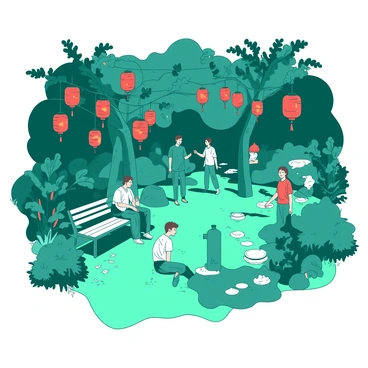 A teal garden is illuminated by glowing red lanterns hanging from branches and posts. Several figures are scattered throughout the scene, some sitting on benches, while others are walking along stone paths. The figures are dressed in casual clothing, engaged in quiet conversations or admiring the beauty of the garden. Soft shadows dance on the ground, cast by the warm glow of the lanterns. Lush green plants and blooming flowers surround the figures, adding to the serene ambiance of the evening.