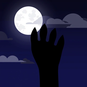 A detailed silhouette of a wolf's paw is prominently featured in the foreground. The paw print is clear and distinct, showcasing the individual toe pads and the larger pad beneath. In the background, a full moon illuminates the night sky, casting a soft glow that highlights the edges of the paw print. Surrounding the moon, there are a few scattered, wispy clouds that add depth to the scene. The sky is a deep navy blue, transitioning to darker shades, creating a dramatic contrast with the silhouette of the paw.