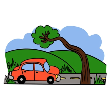 A car off the side of a quiet country road with a bent tree nearby