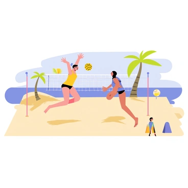 A beach volleyball court with a sandy surface is positioned under a bright sun. Two players, one wearing a yellow tank top and the other in a blue swimsuit, are jumping to spike a yellow volleyball. The player in the yellow tank top is mid-air, reaching for the ball with outstretched arms. The player in the blue swimsuit is in a crouched position, preparing to receive the ball. Palm trees sway gently in the background, and a few colorful beach towels and umbrellas can be seen along the edges of the court. The clear blue sky enhances the vibrant atmosphere of the scene.