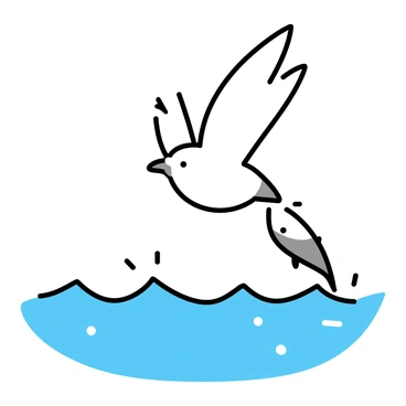 A seagull with white feathers and a gray beak is swooping down over ocean waves. The bird has its wings spread wide, showing detail in the feathers. Below, the glistening water is a mix of blue and turquoise, with small white frothy splashes where the waves are breaking. The fish, a silver-colored creature, is leaping out of the water just below the seagull's grasp. The scene captures the dynamic motion of the bird and the water.