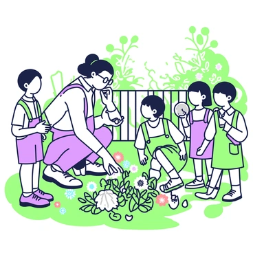 A vintage teacher is crouched down in a vibrant garden, assisting a group of students as they examine insects. The teacher has glasses perched on their nose and is wearing a classic button-up shirt and suspenders. Each student holds a magnifying glass, attentively observing the small bugs on colorful flowers and leaves. The garden is filled with various plants and flowers, creating a rich environment for exploration. Sunlight filters through the leaves, casting soft shadows on the ground. In the background, there is a wooden fence that separates the garden from a pathway.