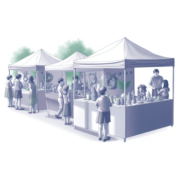 A village fair scene is filled with several booths showcasing a variety of pine cone crafts and decorations. Each booth is adorned with handcrafted items made from pine cones, including ornaments, wreaths, and rustic home decor. Visitors are interacting with vendors, examining the unique creations on display. Some children are seen holding small pine cone animals, while others are engaged in a crafting activity at a designated area. The atmosphere is lively, with a backdrop of green trees and simple tents providing shade for the participants.