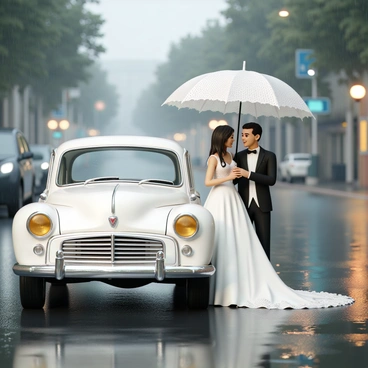 A white vintage wedding car is parked on a wet street, with raindrops glistening on its surface. A couple, the bride and groom, are standing beside the car, sharing a large, elegant umbrella. The bride is wearing a beautiful white wedding gown with intricate lace details, while the groom is dressed in a classic black tuxedo. They are both smiling at each other, with the bride’s long hair cascading down her back. The rain creates a soft, romantic ambiance, and puddles reflect the surrounding city lights.