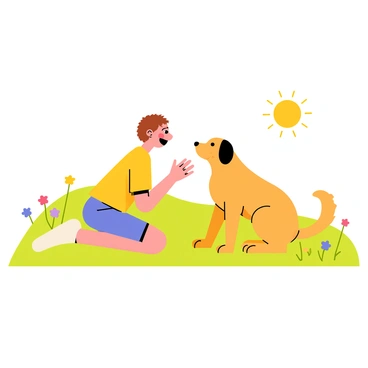 A child sitting on a vibrant green grassy field. The child has short brown hair and is wearing a bright yellow shirt and blue shorts. Beside the child is a friendly golden retriever dog, wagging its tail and leaning in for affection. The sun is shining brightly overhead, casting a warm glow over the scene. In the background, there are a few colorful wildflowers scattered throughout the grass. The child is laughing and reaching out to pet the dog, creating a joyful moment of playfulness.