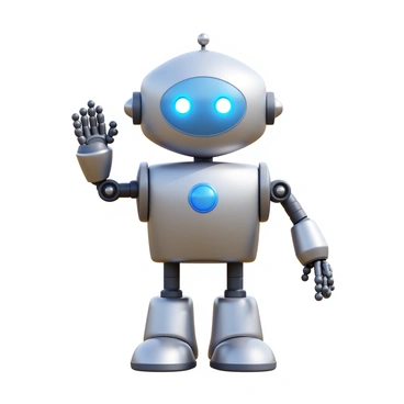 A friendly metallic robot, shining with a polished silver surface, stands upright. The robot has glowing blue eyes that emit a soft light. Its arm is raised, waving hello in a welcoming gesture. The robot's joints are articulated, showcasing a design that suggests both mobility and friendliness. There are subtle details of circuitry visible on its body, enhancing its robotic appearance.