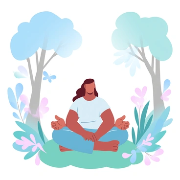 An ectomorph is sitting cross-legged on a soft bed of moss in the heart of a tranquil forest glade. The figure has a slender build and is dressed in loose-fitting, comfortable clothing. Surrounding the figure are tall, lush trees with delicate leaves filtering soft sunlight, casting gentle shadows on the ground. Vibrant greenery and small wildflowers add color to the scene, creating a serene atmosphere. Sunlight filters through the branches, creating dappled patterns on the forest floor. A few delicate butterflies flutter nearby, contributing to the peaceful ambiance.