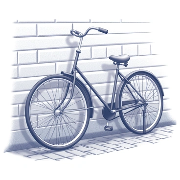 A classic penny-farthing bicycle is leaning against a rough-textured brick wall. The bicycle features a large front wheel and a smaller rear wheel, showcasing its distinctive design. The frame is elegantly curved, and the handlebars rise high above the front wheel. The brick wall has visible mortar joints and varying shades of gray, adding to the texture of the scene. The ground is cobbled, suggesting an urban setting, with a few small pebbles scattered around the base of the bicycle.