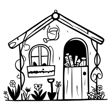 A rustic garden shed with weathered wooden walls and a slanted roof. There is a watering can hanging on the wall, with its handle looped over a sturdy nail. Surrounding the watering can are various garden tools, including a trowel, a spade, and a pair of pruning shears, all neatly organized. The shed is decorated with creeping vines that add a natural touch to the scene, and a patch of wildflowers grows in front of it. A small window in the shed allows glimpses of the organized interior filled with more gardening supplies.