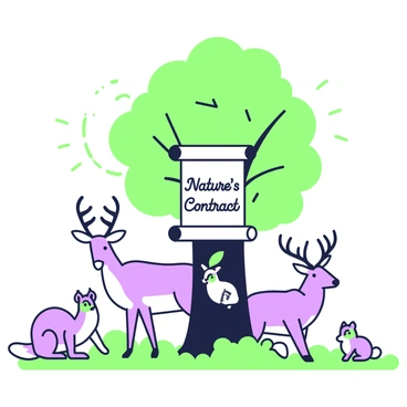 A diverse group of animals of various species is gathered in a forest clearing. In the center, there is a large, mature tree with lush foliage. Hanging from one of the branches is a scroll that reads "Nature's Contract." Surrounding the tree are different animals, including a deer with elegant antlers, a rabbit with large ears, and a colorful bird perched nearby. On the ground, a fox is sitting calmly, while a curious squirrel peeks out from behind the tree trunk. Soft rays of sunlight filter through the leaves, illuminating the scene and highlighting the peaceful gathering.
