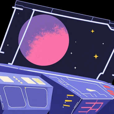 A futuristic spaceship interior with large, clear windows displaying a distant planet. The planet has a vibrant pink atmosphere that blends into shades of lavender and rose. The spaceship's control panel is visible in the foreground, with glowing buttons and screens. Stars twinkle in the dark space beyond the windows, creating a contrast against the colorful planet.