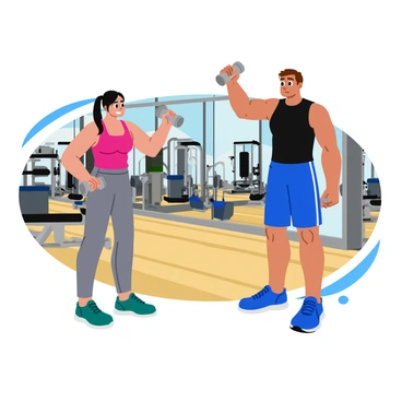 A personal trainer with short brown hair is demonstrating the bicep curl with two silver dumbbells. The trainer is wearing a black tank top and blue shorts, showing an athletic build. The client, a woman with long black hair tied back, is watching closely while wearing a pink workout top and gray leggings. They are in a brightly lit fitness center filled with various exercise equipment, including weight benches and cardio machines in the background. The floor is a light wooden color, and a large mirror reflects their movements. The trainer is standing with one arm lifted, showcasing the correct form of the exercise.
