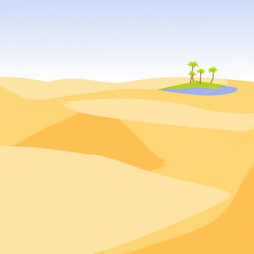 A vast desert scene featuring rolling golden dunes under a clear blue sky. The dunes have gentle curves and shadows that add depth. In the distance, a small green oasis can be seen, with palm trees and a shimmering pool of water. The contrast between the warm tones of the sand and the cool greens of the oasis creates a striking visual impact.