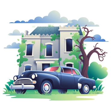 A vintage car with a glossy black exterior is parked in front of an abandoned mansion. The car has shiny chrome details and worn-out tires. The mansion features crumbling walls, broken windows, and overgrown vines creeping up its facade. Dark clouds loom overhead, casting shadows on the scene. A gnarled tree stands to the side of the mansion, its twisted branches reaching out towards the car. The lawn is overgrown with tall grass and wild weeds, adding to the eerie atmosphere.