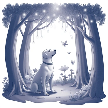 A Labrador dog stands in a dense forest with towering trees. The trees have thick trunks and sprawling branches that create a full canopy overhead. Soft, glowing fairy lights are intertwined among the branches and hang from various spots, casting a gentle illumination throughout the scene. Small enchanted creatures, resembling delicate fairies, flit about among the foliage. The ground is covered in rich, dark soil with patches of grass and scattered leaves. In the background, there are hints of unusual flora, with odd-shaped plants and flowers that exude a sense of magic. The Labrador is alert and curious, looking upwards towards the lights and creatures.