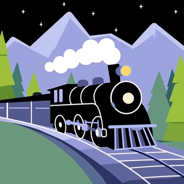 An old steam train with black and silver accents is racing through a misty valley under a starry night sky. The locomotive emits puffs of white steam from its chimney, creating a dramatic contrast against the dark backdrop. The train's bright headlights cut through the mist, illuminating the landscape ahead. Surrounding the train, tall silhouette mountains loom in the background, partially shrouded in fog. Lush green trees line the edges of the valley, their outlines softened by the mist. The scene captures a sense of motion and adventure as the train speeds along the winding tracks.