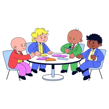 A group of four babies wearing tiny tailored suits is gathered around a small round table. Each baby has a distinct suit color: one in red, one in blue, one in green, and one in yellow. They are sitting on high chairs, looking curiously at a stack of colorful post-it notes spread across the table. The post-its are in various colors including pink, orange, and purple. One baby is reaching for a yellow post-it note, while another is holding a blue crayon and drawing on a larger piece of paper. The atmosphere is playful and lively as they furrow their brows in concentration.