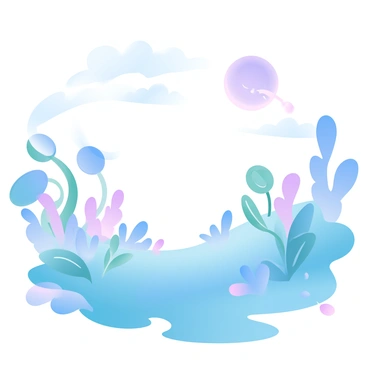 A vibrant alien landscape features unusual plants in various colors and shapes, some with long, twisting tendrils and others with large, round blossoms. The ground is covered in a mixture of bright blue and green foliage, giving a sense of an otherworldly environment. In the sky, a distant planet is visible, glowing softly with hues of purple and pink. The atmosphere is filled with wispy clouds that blend into the colors of the landscape below. The scene captures a sense of exploration and discovery in a surreal setting.
