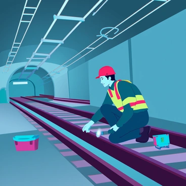 A maintenance worker with medium skin tone and short black hair is wearing a reflective safety vest and a hard hat. He is crouched down, closely examining the railway tracks in an empty metro tunnel. The tunnel walls are made of smooth concrete and the ambient light is dim, casting shadows around him. The tracks are metallic and shiny, with occasional patches of rust. Tools and equipment are scattered around the tunnel, including a flashlight and a toolbox. There are overhead pipes and electrical wires running along the ceiling, adding to the industrial atmosphere of the scene.