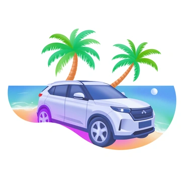 A modern pastel illustration featuring a sleek crossover SUV parked on a sandy beach. The SUV has a shiny, metallic finish and is positioned facing the viewer. In the background, there are tall palm trees swaying gently in the breeze, their leaves vibrant green against the bright sky. The ocean stretches out behind the car, showcasing clear blue water that sparkles under the sunlight. The horizon line is visible where the ocean meets the sky, completing the idyllic tropical scene.