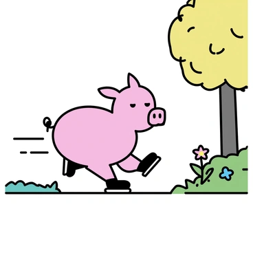 A pink pig with a round body and small ears wearing shiny black roller skates is zooming down a narrow park path. The pig's cheeks are bulging with excitement as it moves swiftly past green grass on either side. The path is lined with trees, their leaves rustling gently in a light breeze. A few colorful flowers bloom near the edge of the path. The pig's little tail wags energetically as it glides forward, leaving a trail of dust behind.