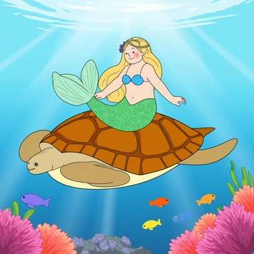 A gentle mermaid with shimmering green scales and flowing long hair is sitting gracefully on the back of a giant sea turtle. The mermaid is wearing a sparkling blue seashell bra and has a delicate crown made of coral on her head. Her tail sways gently in the water. The sea turtle has a textured, patterned shell and is gliding smoothly through the ocean depths. Colorful fish swim around them, creating a vibrant underwater scene filled with bright coral formations and soft rays of sunlight filtering through the water's surface. The expression on the mermaid's face is calm and joyful as she enjoys her ride.