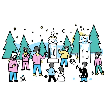 A snowy park filled with tall pine trees and blankets of white snow covering the ground. Several intricately carved ice sculptures stand prominently, depicting various shapes and figures. Groups of people are scattered throughout the scene, bundled in colorful winter attire. Some hold steaming cups of hot cocoa, while others are laughing and enjoying the festive atmosphere. A few children are playing nearby, throwing snowballs and building snowmen. The sky is clear with a hint of the sun peeking through, casting a soft glow over the joyful gathering.